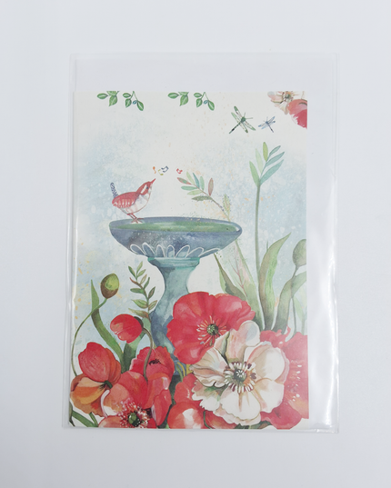 Wenskaart vogel op fontein