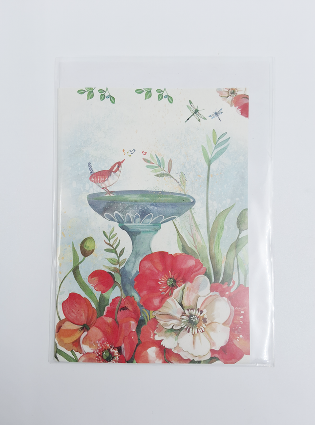 Wenskaart vogel op fontein