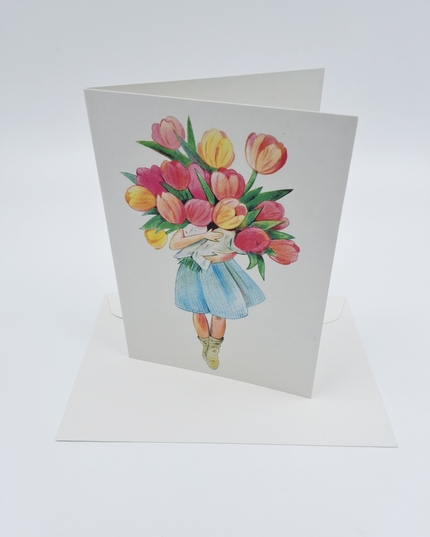 Wenskaart meisje met tulpen