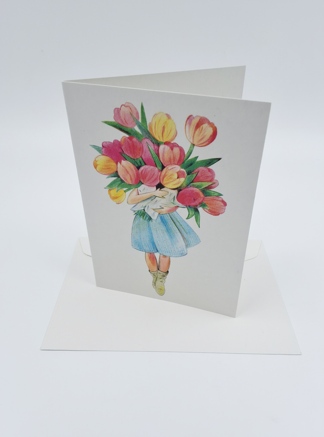 Wenskaart meisje met tulpen