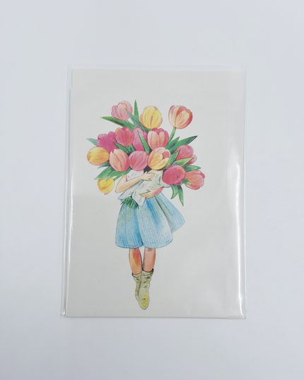Wenskaart meisje met tulpen