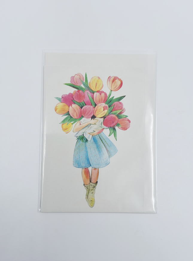 Wenskaart meisje met tulpen
