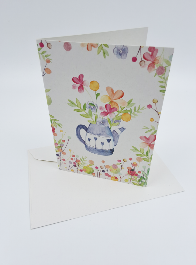 Wenskaart theepot met bloemen