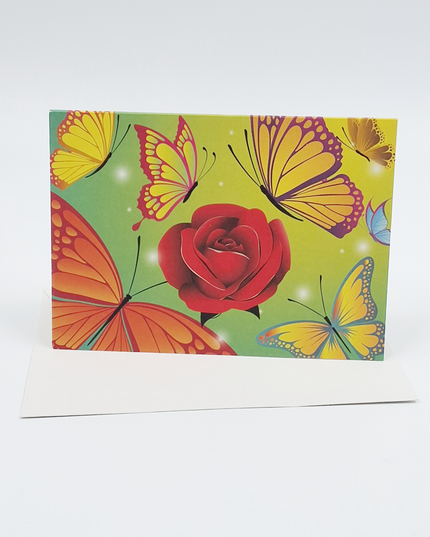 Wenskaart kleurige vlinders met roos