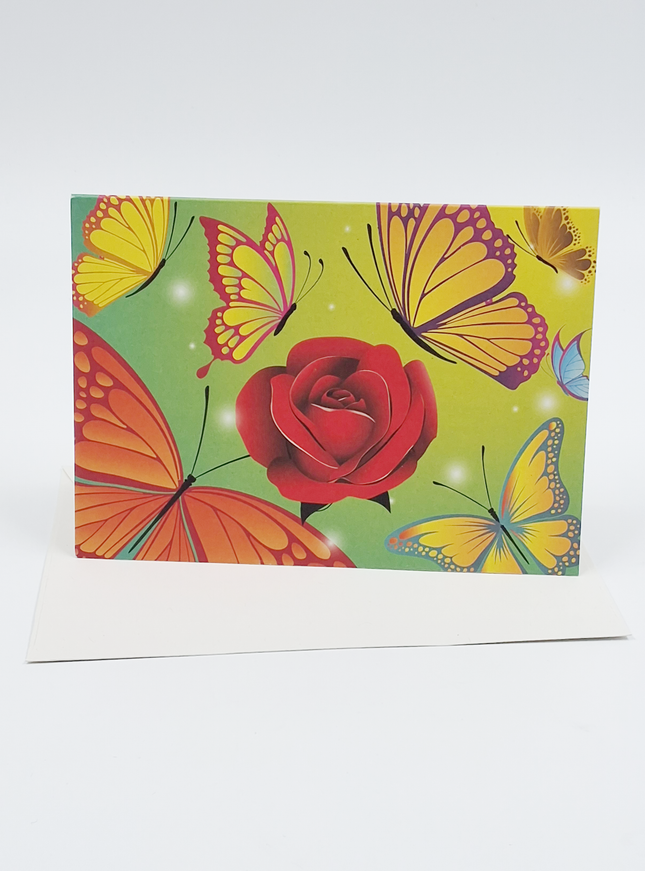 Wenskaart kleurige vlinders met roos