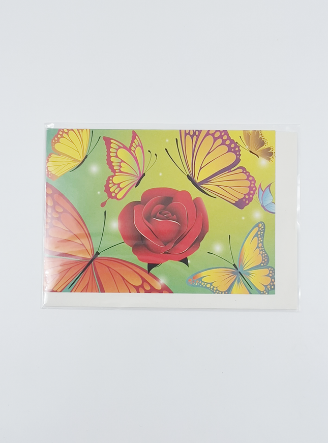 Wenskaart kleurige vlinders met roos
