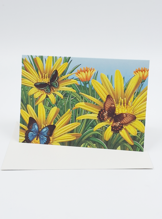 Wenskaart vlinders en gele bloemen
