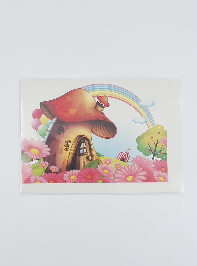 Wenskaart paddenstoel en regenboog