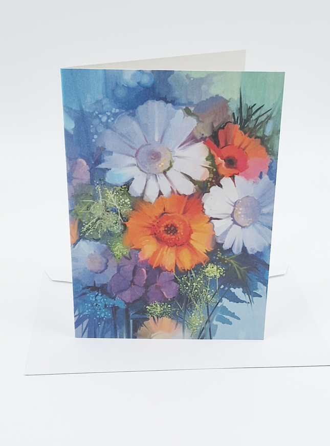 Wenskaart boeket met paarse bloemen