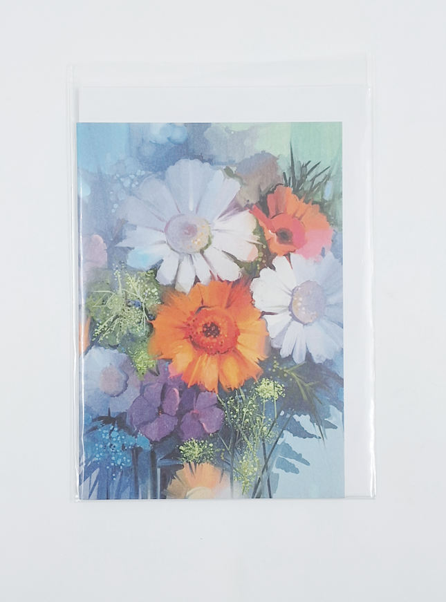 Wenskaart boeket met paarse bloemen