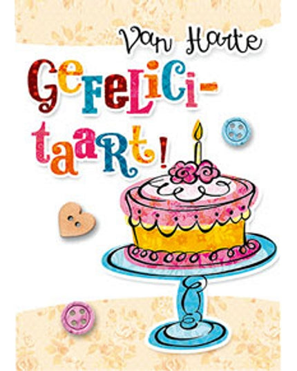 Wenskaart van harte gefeliciteerd, taart