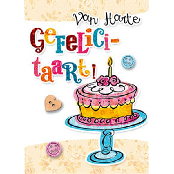 Wenskaart van harte gefeliciteerd, taart