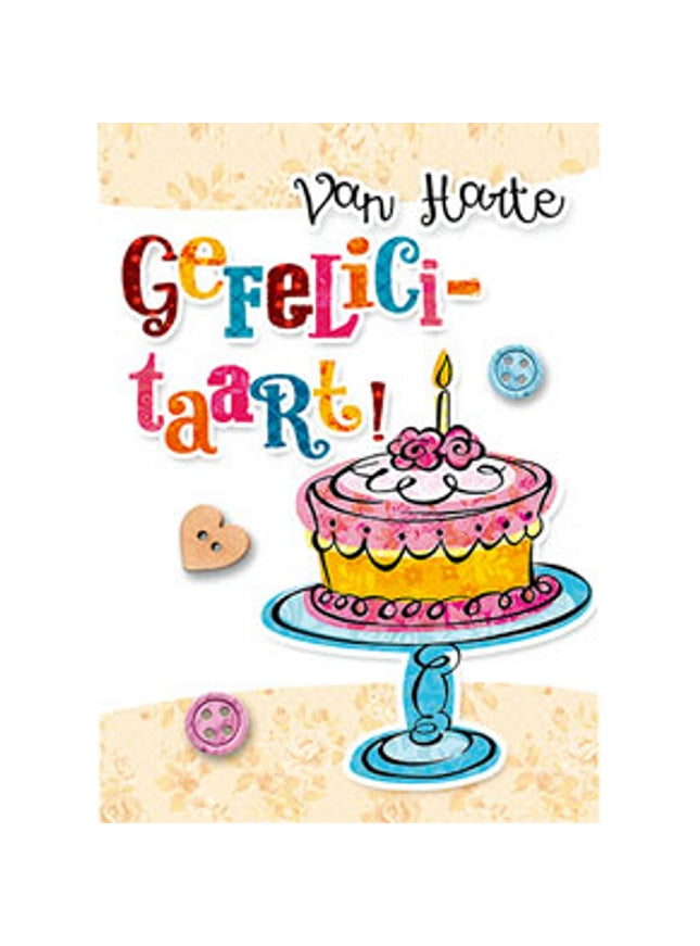 Wenskaart van harte gefeliciteerd, taart