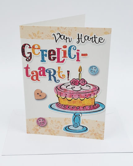 Wenskaart van harte gefeliciteerd, taart