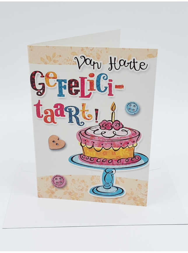 Wenskaart van harte gefeliciteerd, taart