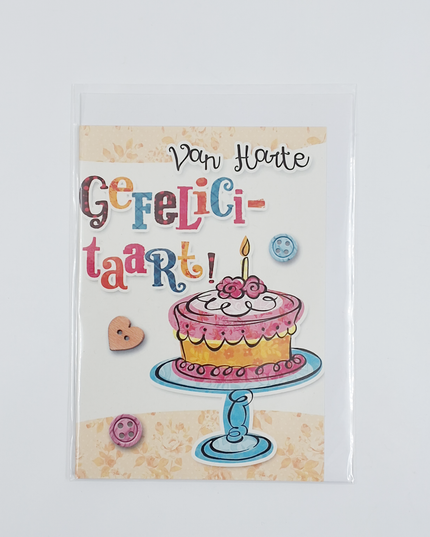 Wenskaart van harte gefeliciteerd, taart