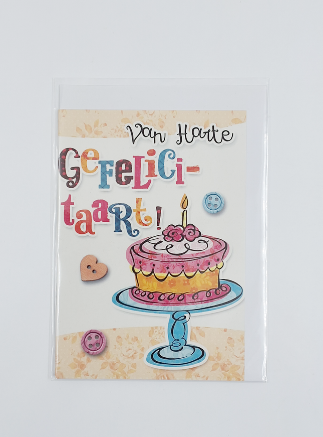 Wenskaart van harte gefeliciteerd, taart