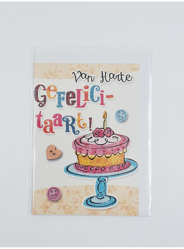 Wenskaart van harte gefeliciteerd, taart
