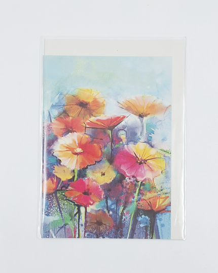 Wenskaart gerbera oranje/roze/geel