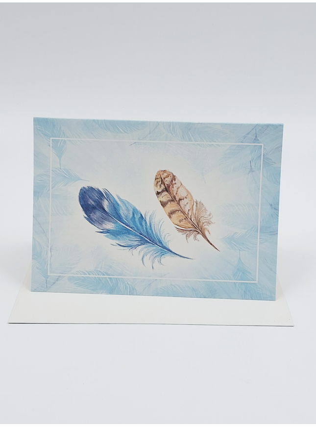 Wenskaart veertjes blauw