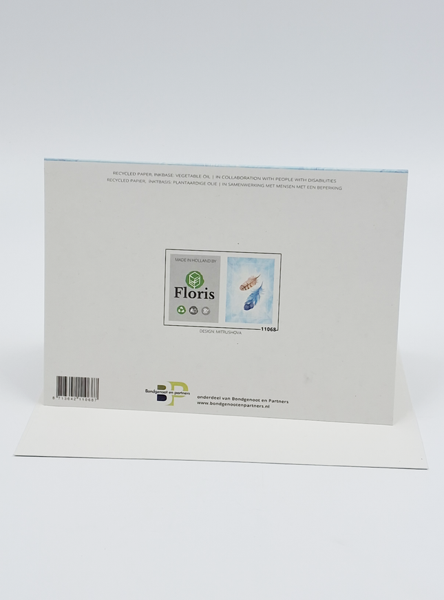 Wenskaart veertjes blauw