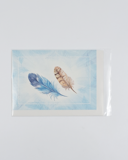 Wenskaart veertjes blauw