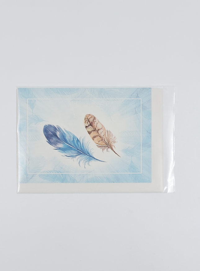 Wenskaart veertjes blauw