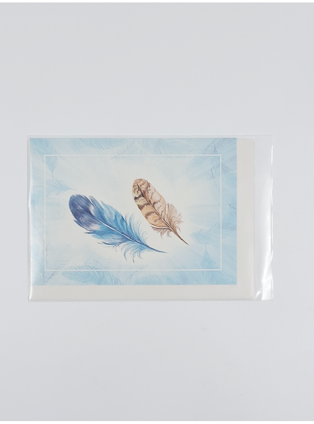 Wenskaart veertjes blauw