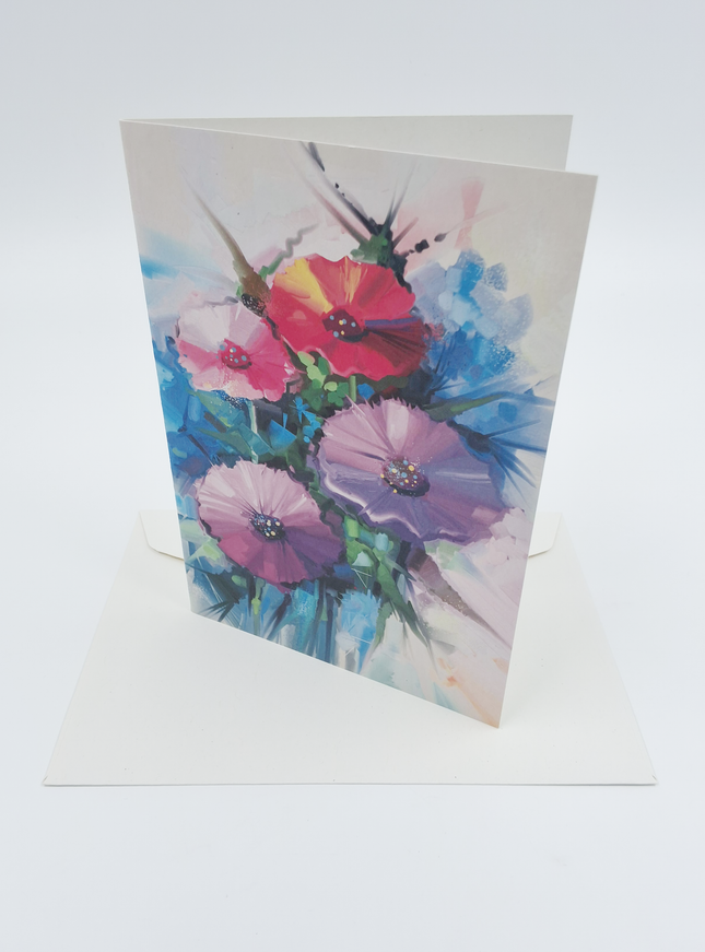 Wenskaart lentebloemen paars rood