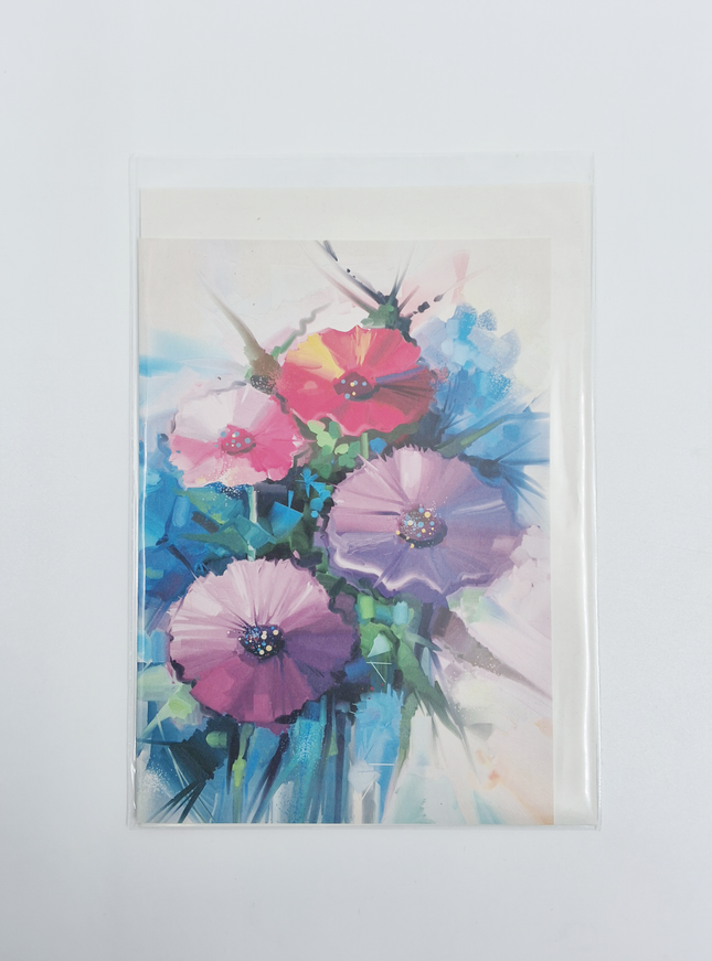 Wenskaart lentebloemen paars rood