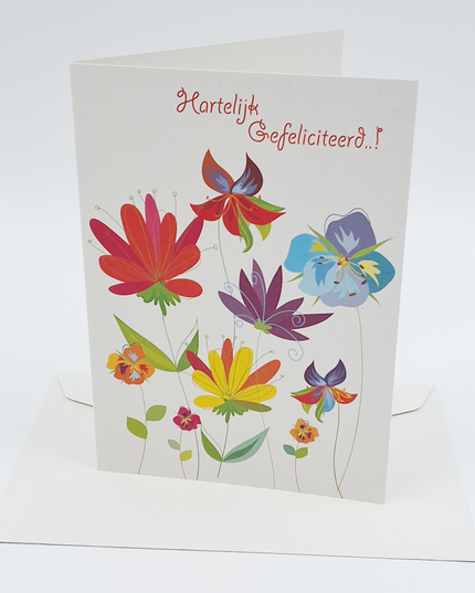 Wenskaart bloemen, hartelijk gefeliciteerd