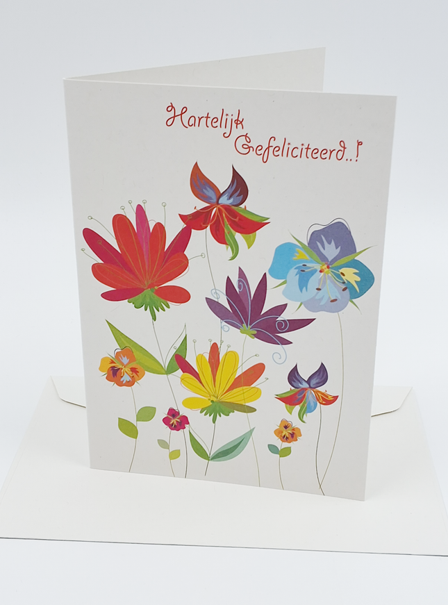 Wenskaart bloemen, hartelijk gefeliciteerd