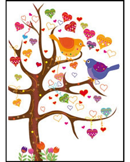 Wenskaart boom vogels hartjes