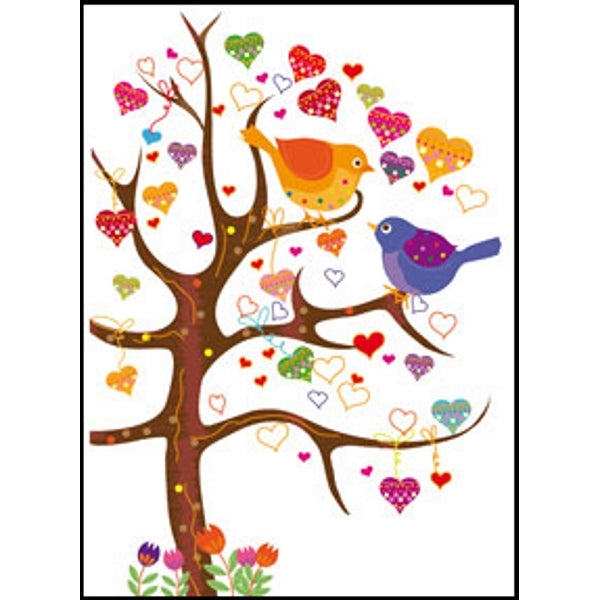 Wenskaart boom vogels hartjes