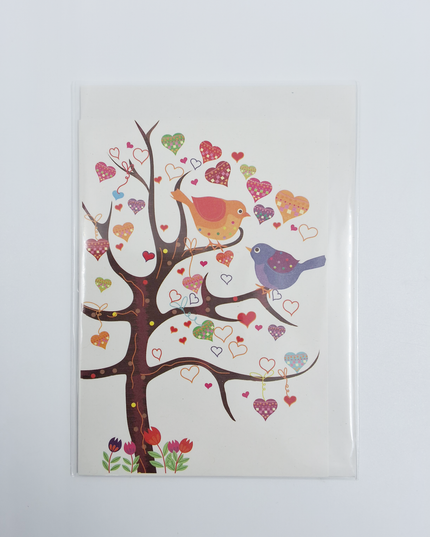 Wenskaart boom vogels hartjes