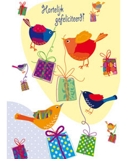 Wenskaart vogels cadeautjes, gefeliciteerd