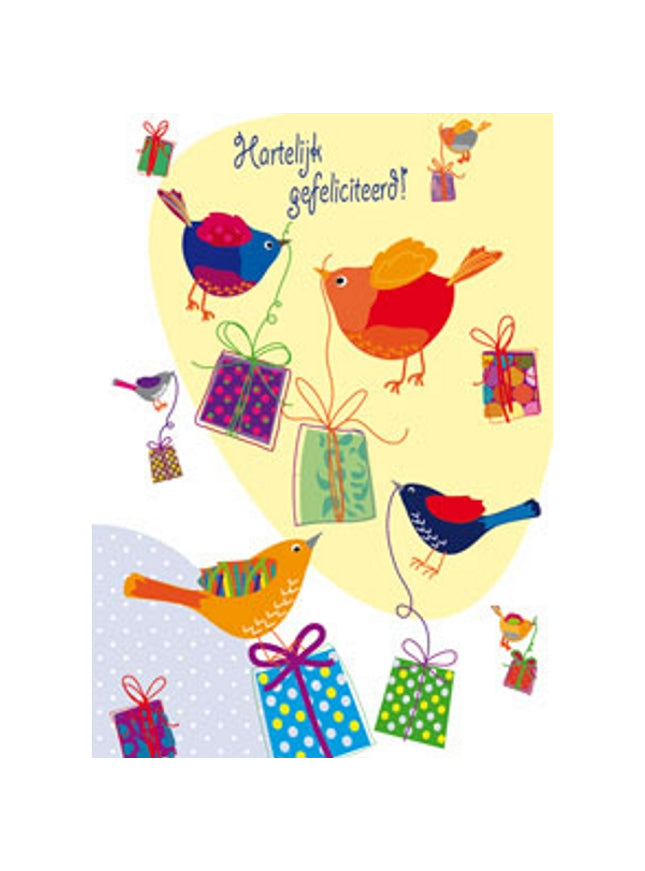 Wenskaart vogels cadeautjes, gefeliciteerd