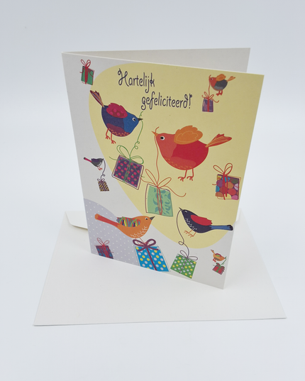 Wenskaart vogels cadeautjes, gefeliciteerd