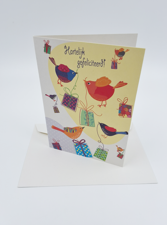 Wenskaart vogels cadeautjes, gefeliciteerd