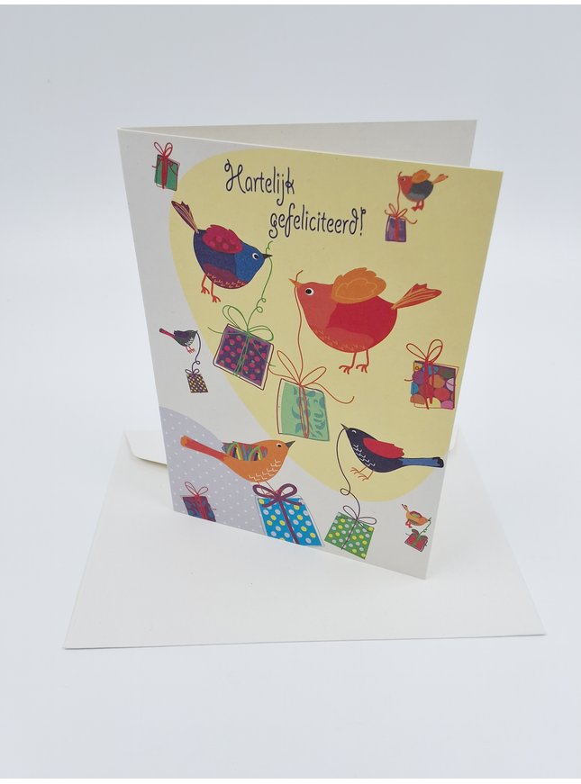 Wenskaart vogels cadeautjes, gefeliciteerd