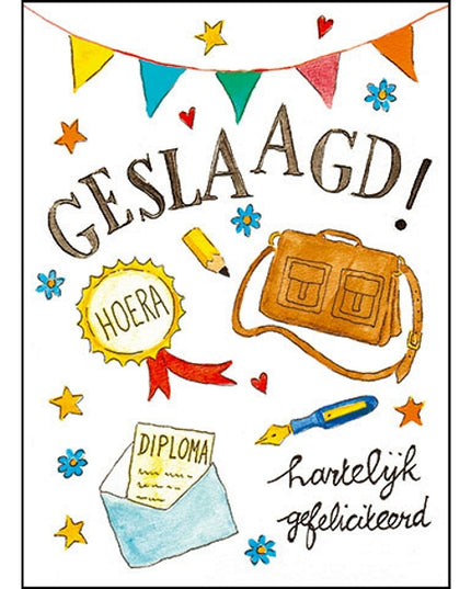 Wenskaart schooltas, geslaagd