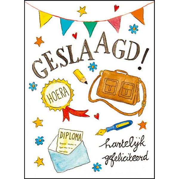 Wenskaart schooltas, geslaagd