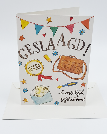 Wenskaart schooltas, geslaagd