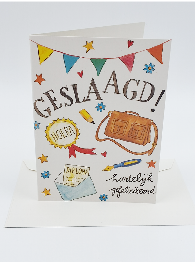 School bag greeting card, passed