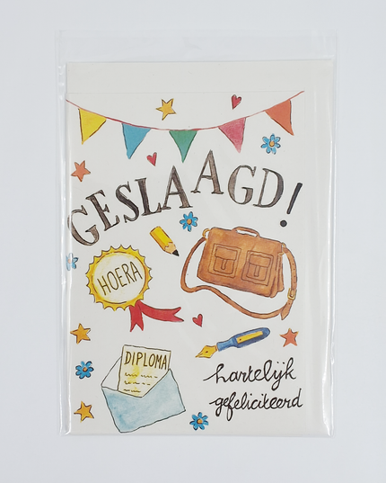 Wenskaart schooltas, geslaagd