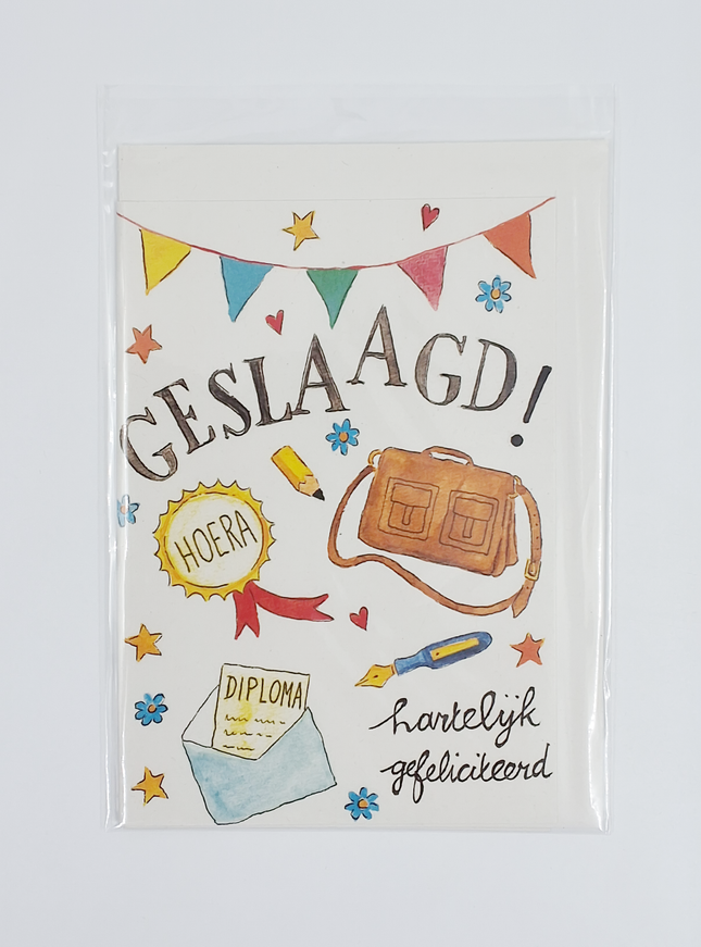 Wenskaart schooltas, geslaagd