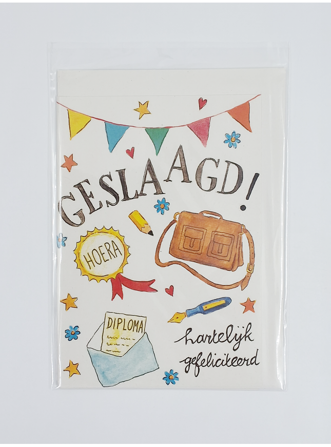 School bag greeting card, passed