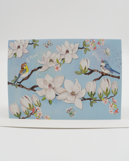 Wenskaart Bloemen en vogels, blauw