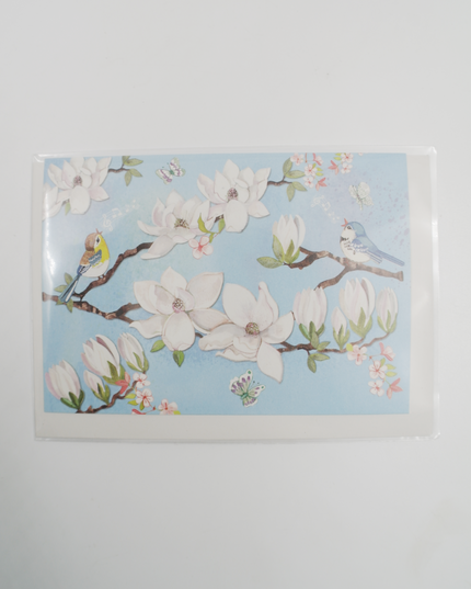 Wenskaart Bloemen en vogels, blauw