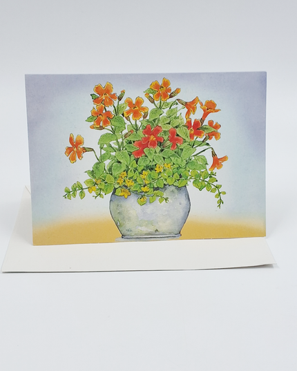 Wenskaart oranje/gele bloemen in pot